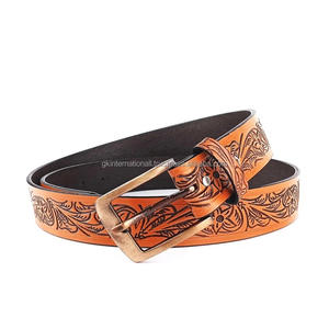 Ceinture en cuir occidental à finition bronzée pure avec des motifs floraux gravés à la main, ceinture de cowboy en cuir avec boucle en laiton - Product Image 4