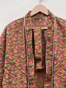 Bata Kimono de Algodón 100% Tejido con Estampado de Bloques y Dibujos Animados Naaz para Mujer, Camisón de Verano Hecho a Mano ODM con Cuello en V y Cintura Elástica Completa - Product Image 4