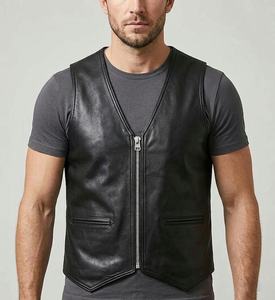 New Fashion Men’s Sleek Black Leather Zip Vest Minimalist V Neck Genuine Leather Waistcoat with Modern <b>Biker</b> & Casual Style - Product Image 5