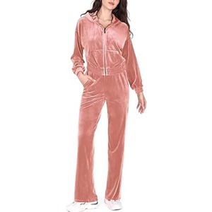Custom Zip up Crop Top Hoodie Embroidered logo Velvet Sweatshirt and <b>Sweatpants</b> Jogger Velour Tracksuit Two Pieces <b>Set</b> for Women - Product Image 5
