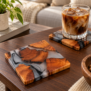Sous-verres carrés en bois et résine faits à la main, tapis de boisson en résine époxy, accessoires de table en tranches de bois naturel, vente en gros OEM ODM - Product Image 1
