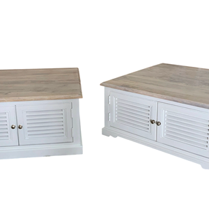 Mesa de Centro de Madera de Mango Sólida de Estilo Industrial en Acabado Blanco y Natural con Características de Gabinete, Hecha a Mano para Sala de Estar - Product Image 5