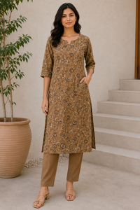 Kurti en coton pour femme, imprimé Bagru fait main, col rond, manches trois quarts, coupe droite, motif floral ethnique, décontracté et confortable - Product Image 6