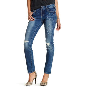 Jeans de Mezclilla para Mujer con Adornos de Perlas o Tachuelas, Corte Ajustado y Recto, Estilo Casual, Precio al por Mayor - Product Image 3