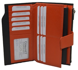 Portefeuille long en cuir véritable avec fermeture éclair et fermoir, couleur orange et noir, design minimaliste unisexe - Product Image 6