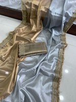 Sari en organza de viscose gris glace beige doré avec bordure en dentelle fantaisie unie, tenue de soirée traditionnelle élégante pour femmes