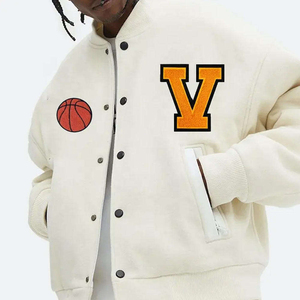 <b>Men's</b> <b>Cream</b> Varsity <b>Jacket</b> With Orange V Logo And Basketball Patch Preppy Style Chenille Embroidered Letterman <b>Jacket</b> Autumnwear - Product Image 1