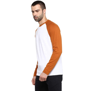 T-shirt à manches longues raglan blanc et orange pour homme, col rond, coupe décontractée, couleur unie, 100 % coton tricoté, design vierge - Product Image 6