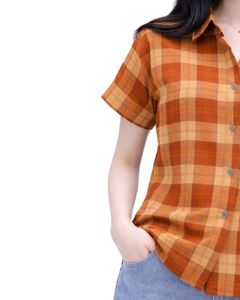 Custom Orange And Beige Plaid Womens Short Sleeve Button Up Shirt Casual Summer Lightweight Breathable <b>Checkered</b> <b>Top</b> With Pocket - Product Image 3