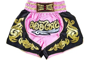 Thai Boxing <b>Shorts</b> Pink Black Gold Embroidered Satin <b>Men's</b> Sporty <b>Short</b> <b>Shorts</b> Elastic Waist - Product Image 1
