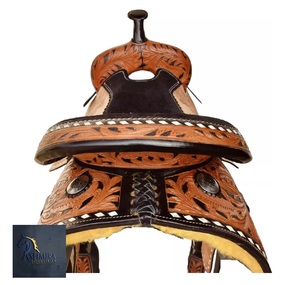 Silla de montar western de cuero tópico con grabado floral, asiento de gamuza negra, accesorios de acero inoxidable y juego de arreos, de 10 a 18 pulgadas - Product Image 6