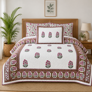 Pure Cotton Hand Block Printed Comforter Set Floral Reversible Premium Handmade AC <b>Bedspread</b> 2 Pillow Covers Home Hotel 300 TC - Product Image 3