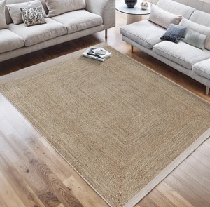 Tapis d'intérieur uni en jute naturelle tissé à la main à poils ras avec bordure décorative, écologique et résistant, pour salon et chambre à coucher - Product Image 5