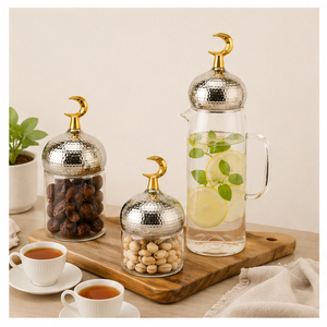 Best Selling Handmade Eco-friendly Glass Storage Jar for <b>Ramadan</b> Table <b>Decoration</b> Modern Design with Minaret Lid and Jug Eid - Product Image 6