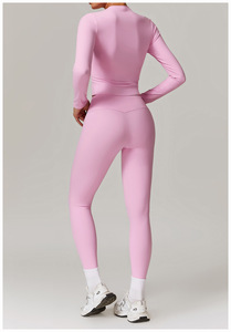 <b>Women</b> Solid Yoga Set Full Length <b>Leggings</b> Crew Neck <b>Crop</b> Top Zipper Front Spandex Polyester Sweat-Wicking Seamless Fitness Wear - Product Image 3