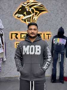 Sudadera con capucha y cremallera para hombre, gris carbón, de forro polar, estilo urbano, corte holgado con apliques deshilachados y diseño de salpicaduras de pintura - Product Image 2