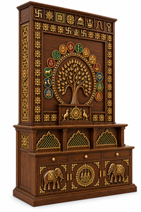 Mandir en bois de teck Vedic Tree Kalpavriksha, unité de temple en bois sculpté lourdement, pour la maison, finition noyer foncé, armoire de prière, en vente au Royaume-Uni - Product Image 4