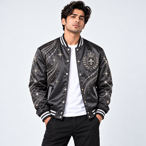 Chaqueta Premium de Satén con Pedrería para Hombre, Chaqueta Bomber con Diseño de Cristales Brillantes y Cuello Acanalado Cómodo para Uso Urbano - Product Image 1
