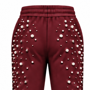 Maroon Pearl Beaded Jogger Pants <b>Women</b> Fashion Embellished Drawstring Sweatpants Luxury Casual Streetwear Fleece <b>Trousers</b> Custom - Product Image 4