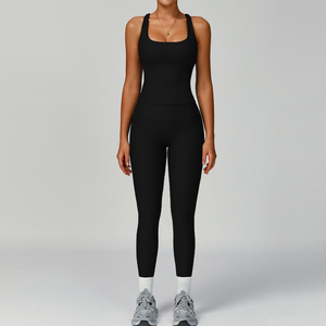 Conjunto de Yoga de 2 Piezas, Cuello Cuadrado, Tirantes Finos, Leggings de Cintura Alta, Largos, Sin Costuras, Acanalados, Ropa Deportiva - Product Image 5