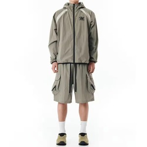 Wholesale Men's Lightweight Hooded Tracksuit Set Full Sleeve Zipper Solid Color Streetwear Quick Dry Polyester Shorts Set - Product Image 1