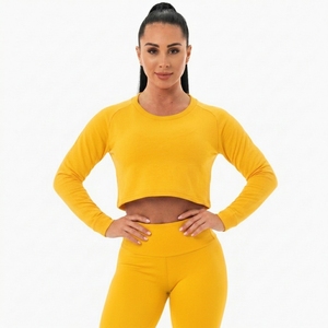 Haut de sport respirant pour femme en jersey polyester/coton, coupe courte, manches longues, extensible et doux, idéal pour l'entraînement et le fitness - Product Image 1
