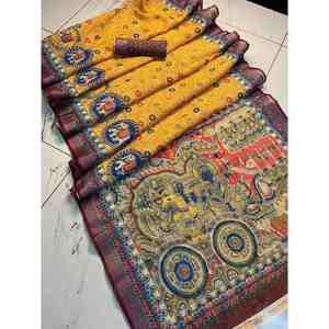 FANCY LINEN SEDA TEJIDA ZARI WORK SAREE CON BLUSA DESCOSTADA AMARILLO - Product Image 1