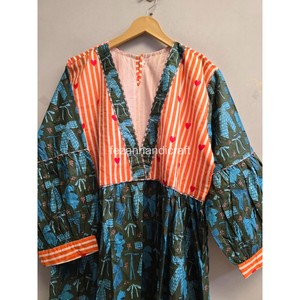เดรสผ้าฝ้ายคอวีทรงเอไลน์ความยาวปานกลาง แขนพอง แต่งชายเสื้อลายทางตัดกัน เนื้อผ้าทอระบายอากาศดี สวมใส่สบายๆ ในฤดูร้อน ทรงหลวม - Product Image 2