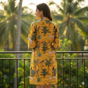 ชุดกิโมโนผ้าฝ้ายพิมพ์ลายป่าสีเหลืองสำหรับผู้หญิง คอวี แขนยาว ความยาวเต็มตัว มีกระเป๋าหน้า 2 ช่อง พร้อมเชือกผูกเอว ชุดนอนลำลอง - Product Image 4