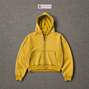 เสื้อฮู้ดซิปสีเหลืองตัวใหญ่ ผ้ามีลายนูน หนานุ่ม สไตล์สตรีทแวร์ ซิปยาวเต็มตัว แขนเสื้อแบบดิสเทรส ลดราคา - Product Image 5