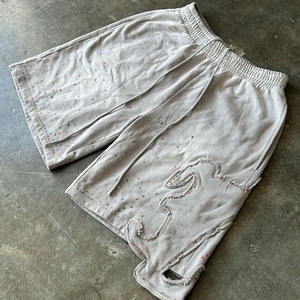 OEM Custom <b>High</b> Quality French Terry 100%Cotton Rhinestones Cut and Sew Pants Streetwear Distressed Men Acid Wash Shorts - Product Image 6