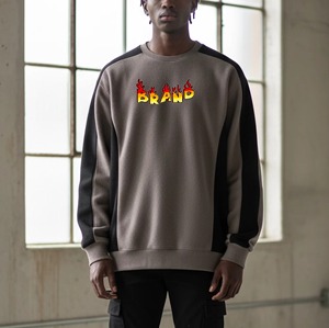 Men's Oversized Crew Neck Sweatshirt With Flame Brand Print <b>Raglan</b> Sleeve Cotton French Terry Pullover Casual Autumn Wear - Product Image 1