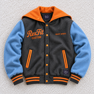 Veste universitaire à capuche RexFit unisexe avec logo en lettres en relief, manches souples, boutons-pression, étiquette personnalisée, streetwear, vêtements d'extérieur - Product Image 2