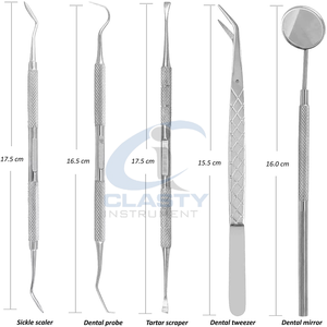 Juego de instrumentos Sickle Scaler: Sonda quirúrgica de acero inoxidable, instrumento raspador con agarre moleteado, pinzas y espejo. - Product Image 4