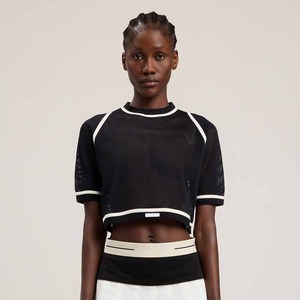 T-shirt court noir en maille pour femme, col rond, manches courtes, style sportif, respirant, coupe classique, mode printemps-été - Product Image 1