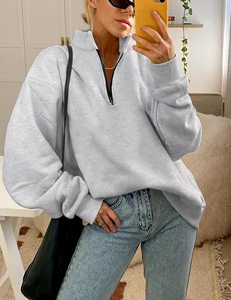 Stylish Women Quarter <b>Zipper</b> <b>Sweatshirt</b> Cotton Fleece Half Zip Pullover Oversized Drop Shoulder Casual Fashion Wear - Product Image 5