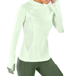 Women's Hooded Long Sleeve Mesh Panel Moisture Wicking Fitted Athletic <b>Top</b> Solid White Summer Breathable Quick Dry - Product Image 2