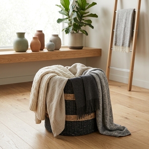 Cesto de Almacenamiento de Fibra Natural Tejida Loros BLN, Maceta Decorativa a Rayas, Organizador para el Hogar, Contenedor para Ropa - Product Image 4