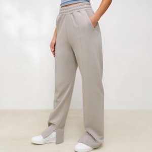 Pantalon de jogging décontracté taille haute pour femme, coupe droite et large, doux et extensible, style streetwear minimaliste avec poches - Product Image 1