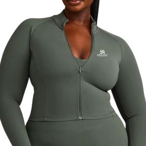 Women's Green Long Sleeve Jacket High Neck Fitted Activewear Gym Workout Sports <b>Top</b> Slim Fit Athletic Jacket Custom OEM Apparel - Product Image 1