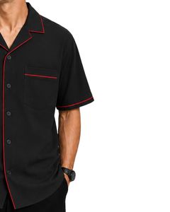 Chemise Homme Personnalisée Col Cubain Noir avec Passepoil Rouge Décontractée Manches Courtes Été Streetwear Tendance Coupe Oversize - Product Image 4