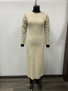 High Neck Lace Maxi <b>Dress</b> Full Sleeve Geometric Cut-Outs Bodycon Fitted Breathable Modern <b>Romantic</b> Style - Product Image 1