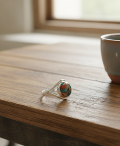 Bague Statement en Argent Sterling 925 Plaqué Or Rose et Or Jaune, Ornée d'une Pierre Ronde Naturelle d'Huître, de Cuivre et de Turquoise, Faite à la Main pour Femme - Product Image 5