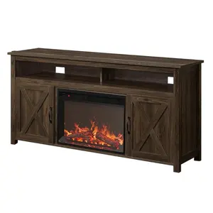 Solid Wood TV Stand Cabinet Teak With Fireplace & Storage For Living Room Furniture