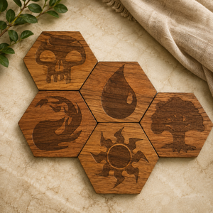 Fantasy Element Symbols Solid Wood Coaster Set Handcrafted Heat Resistant Drink Mat Hexagon <b>Table</b> <b>Protector</b> Coffee Cup Holder - Product Image 1