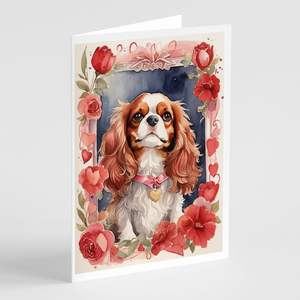 Cavalier Spaniel Valentine Roses Whimsical A7 Size <b>5x7</b> Blank Note Cards Pack of 8 <b>Envelopes</b> Greeting Cards - Product Image 1