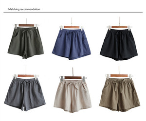 Shorts en coton taille haute pour femmes avec cordon de serrage et poches, coupe ample, style décontracté, couleur noire unie - Product Image 6