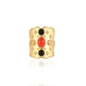 Bague artisanale ajustable en pierres naturelles multicolores (pierre de lune, onyx noir, jade rouge) de grande taille, style bohème, personnalisée, pour soirée - Product Image 1