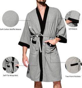 Peignoir en tissu éponge gris pour homme avec bordure noire, manches courtes, robe en coton doux avec poches, vêtement décontracté - Product Image 6