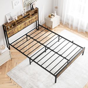 Queen <b>Bed</b> <b>Frame</b> with Storage Headboard Metal <b>Platform</b> <b>Bed</b> Charging Station Easy Assembly Bookcase Storage No Box Spring Needed - Product Image 3